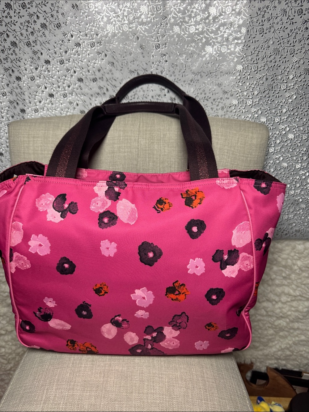 Coach Pink Floral Tote with Brown Front Pocket and Matching Logo Tumbler - Picture 3 of 10